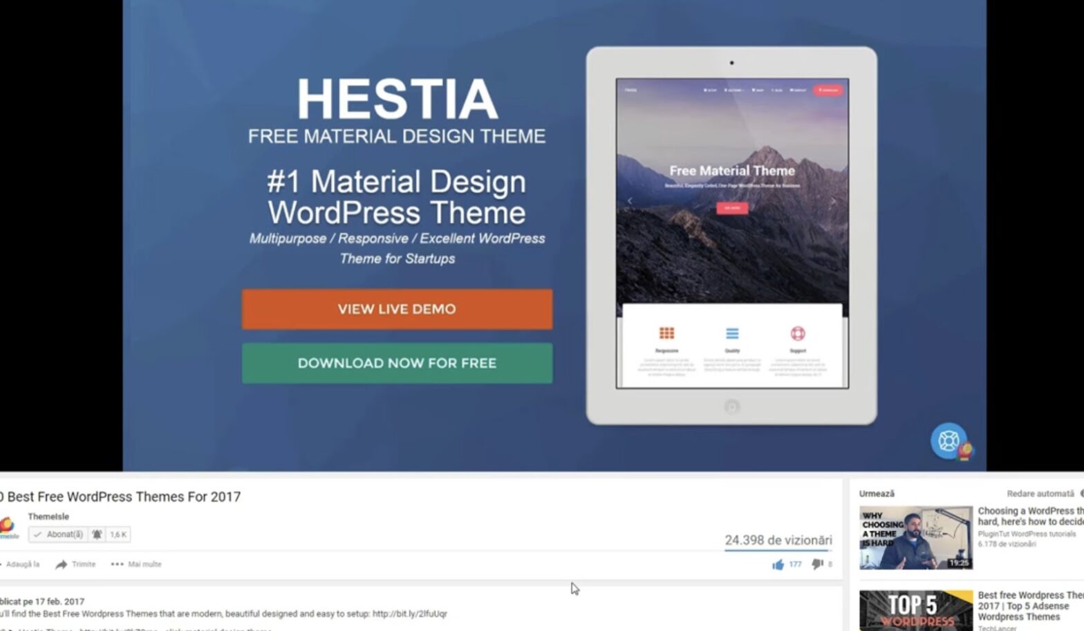 Advert for Hestia, a free material design WordPress theme, displayed on a tablet screen, with 'View Live Demo' and 'Download Now for Free' buttons, against a dark blue background