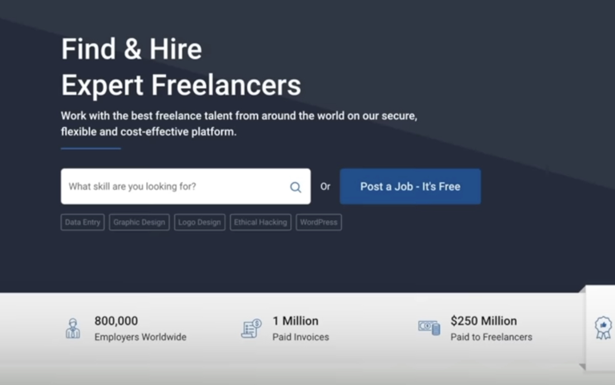 freelance job platform with a search bar asking 'What skill are you looking for?'