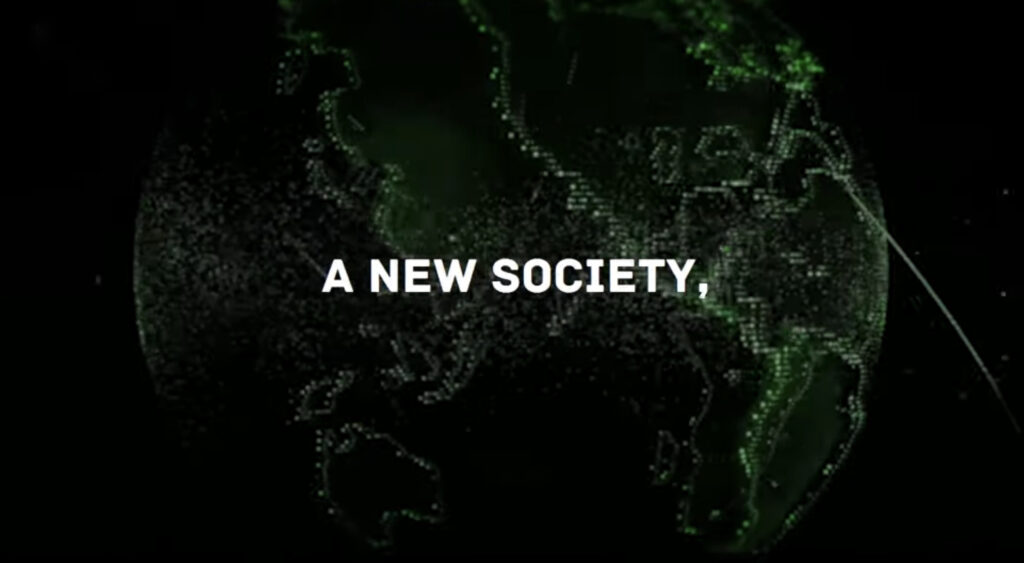 Graphic of a digital Earth with the text 'A NEW SOCIETY,' in white font, indicating a theme of global change or futuristic development