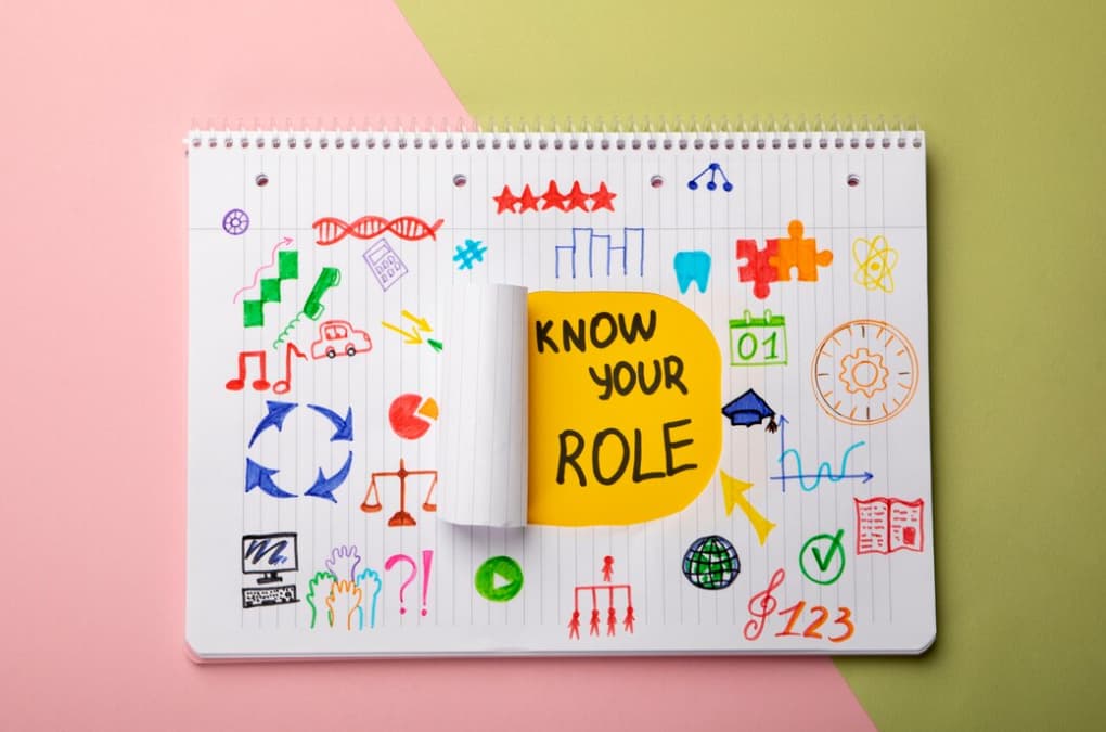 Open notebook with colorful doodles and a sticky note saying "KNOW YOUR ROLE"