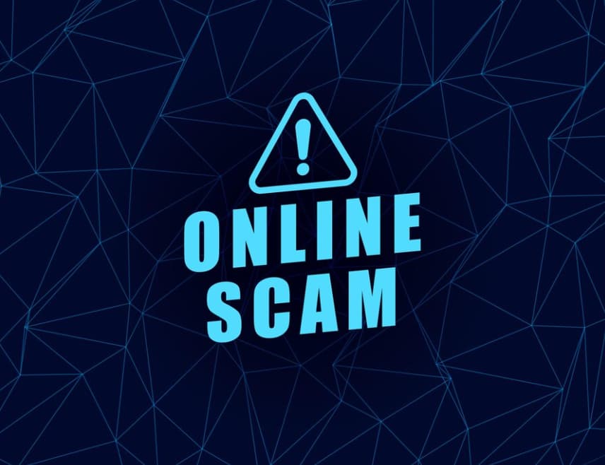 Graphic with "ONLINE SCAM" text and a caution symbol against a dark polygonal background