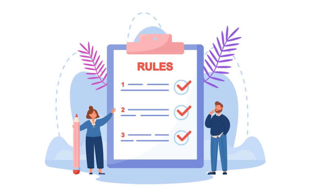 Illustration of a giant clipboard with "RULES" checklist and two people