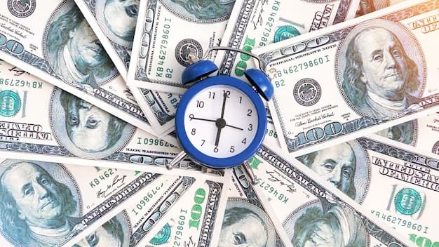 A blue-colored alarm clock rests on the dollars
